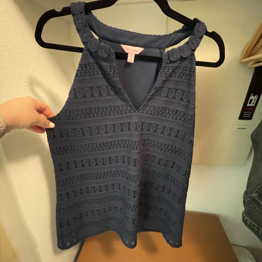 Lilly Pulitzer Navy Halter Top with Crochet Overlay